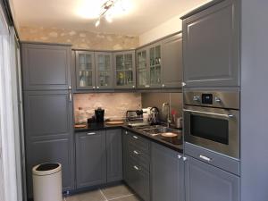 a kitchen with gray cabinets and a sink at Les Colonnes De Chanteloup in Amboise