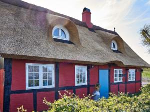 スヴァネケにある5 person holiday home in Svanekeの茅葺き屋根の赤青家