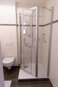 a shower stall in a bathroom with a toilet at Flair Hotel Deutsches Haus in Arendsee