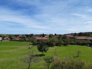 a large green field with houses in the background at Hotel Hontoria in Hontoria