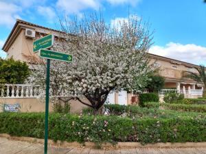 een straatbord voor een bloeiende boom bij Estrella de Mar in Los Urrutias