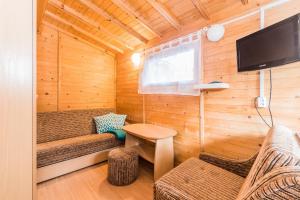 una piccola camera con divano e TV in una cabina di OW POLAM a Stegna