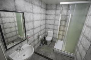 a bathroom with a toilet and a sink and a shower at Пушкин стрит in Yekaterinburg
