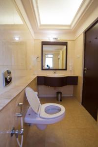 a bathroom with a toilet with a sink and a mirror at Ginger Pantnagar in Pantnagar