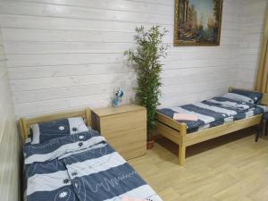 una habitación con 2 camas y una planta en Дом Дискавери на 10 человек у моря!, en Chornomorsk