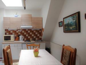 捷克克魯姆洛夫的住宿－亞當公寓式酒店，一间带白色桌椅的厨房和一间带吧台的厨房