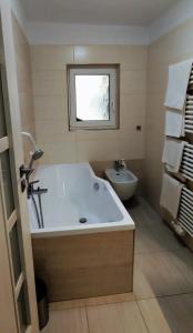 捷克克魯姆洛夫的住宿－亞當公寓式酒店，一间带大浴缸和卫生间的浴室