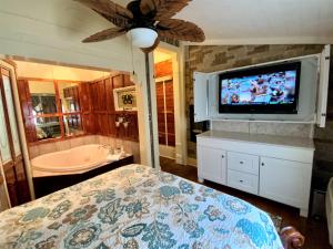 1 dormitorio con 1 cama, TV y bañera en The Gables Inn en Hot Springs