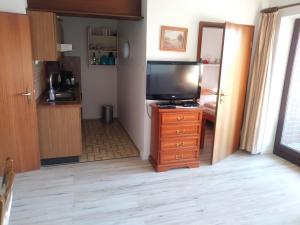 a living room with a television on a wooden dresser at Deichblick in Friedrichskoog