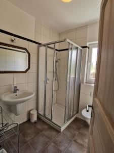 NeefにあるWeingut Amlinger&Sohnのバスルーム(シャワー、洗面台、トイレ付)