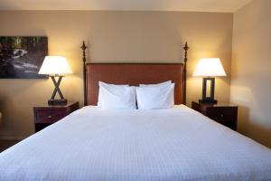 a hotel room with a large bed with two lamps at Riverside Inn in Grants Pass