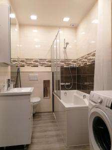 a bathroom with a sink and a washing machine at Palm apartment studio Riga in Rīga