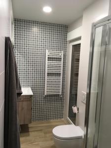 ein Badezimmer mit Toilette und Glasdusche in der Unterkunft Home Sweet Home Main St Pamplona in Pamplona + 26 Fotos