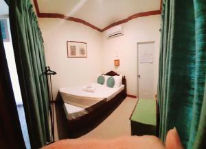 a small room with a bed with green curtains at Brazaville Beach Resort in Hinoba-an