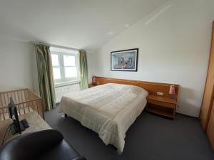 1 dormitorio con 1 cama, 1 silla y 1 ventana en Fuchs und Elster, en Hohenkirchen