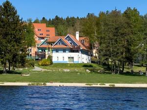 ein großes Haus am Ufer eines Wasserkörpers in der Unterkunft Riviera Lipno 415 in Lipno nad Vltavou