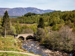 un ponte su un fiume con una montagna sullo sfondo di Glentruim Lodge Ecopod a Newtonmore