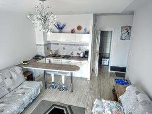 a kitchen and living room with a table and a couch at Apartamenty Porta Mare in Dziwnówek