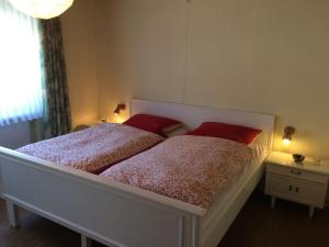 a bedroom with two beds with red pillows and a window at Ferienhaus Johanna in Andernach