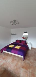SonognoにあるCasa 21のベッドルーム1室(紫色のシーツと枕が備わる大型ベッド1台付)