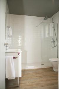 a bathroom with a shower and a sink and a toilet at Hotel Terminus in Puigcerdà