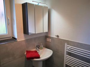 y baño con lavabo, espejo y toalla roja. en Ferienwohnungen Hass - Haus 1, en Fehmarn