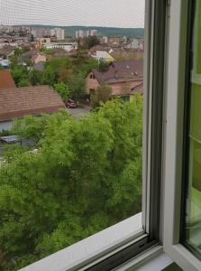 uma janela com vista para uma cidade em Green Apartman em Târgu-Mureş