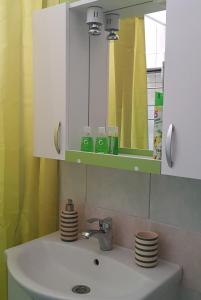 uma casa de banho com um lavatório, um espelho e um lavatório. em Green Apartman em Târgu-Mureş
