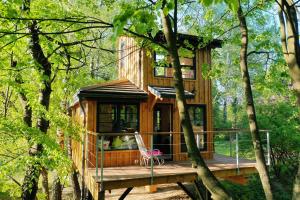 a tree house with a deck in the woods at Węgiełek Treehouse in Kazimierz Dolny