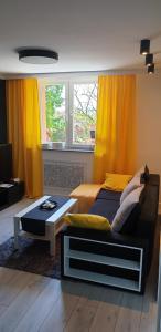 - une chambre avec un lit, une table et une fenêtre dans l'établissement No71 The Luxury Apartment, à Głogów