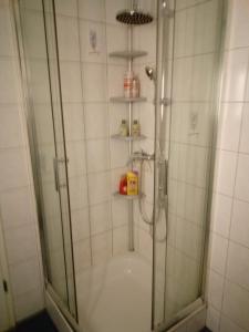 een douche met een glazen deur in de badkamer bij Chambre d'hôtes Petit Martel in Les Ponts-de-Martel