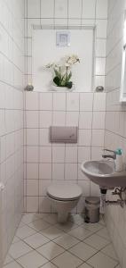 a white tiled bathroom with a toilet and a sink at Moderne Ferienwohnung mit eigenem Garten und traumhaften Blick in Wilhelmsthal +23 photos