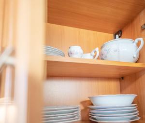 a cupboard with plates and bowls on a shelf at Fortun Estate - apartmaji ob reki Kolpi in Metlika