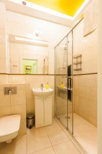 a bathroom with a toilet sink and a shower at Vintage Poselska Apartment in Krakow