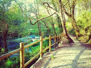 a wooden fence on a path next to a river at Casa de la Abuela en el Camino de Santiago a Finiesterre in Negreira