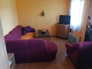 a living room with a purple couch and a table at CHATA NATAŠA in Dedinky