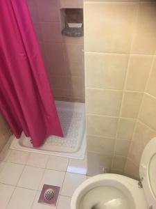 uma casa de banho com uma cortina de chuveiro rosa e um WC. em HOSTEL-SezanaLOKEV B&B em Sežana