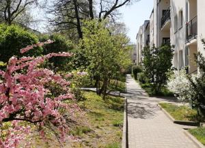 chodnik z różowymi kwiatami przed budynkiem w obiekcie Metro Wilson Apartment w Warszawie