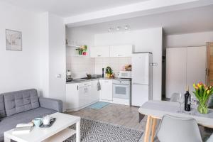 a kitchen and living room with a couch and a table at Apartament w centrum 2 in Ustrzyki Dolne