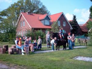 a group of people standing in front of a house with a horse at Bauernhofurlaub bei Familie Bokeloh in Kirchlinteln