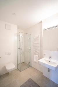 łazienka z prysznicem, toaletą i umywalką w obiekcie Boutique Design-Apartments Vienna w Wiedniu +30 zdjęć