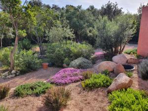 einen Garten mit lila Blumen, Felsen und Bäumen in der Unterkunft Mini-villas Célia à BONIFACIO in Bonifacio