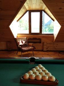 a pool table in a room with a window at Екомотель in Vulʼka