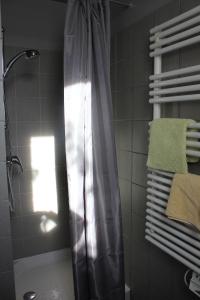een douche met een douchegordijn in de badkamer bij Le petit Zeph in Varengeville-sur-Mer