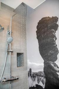 baño con un mural de roca en la pared en Haus Wettin, en Bad Schandau 28 fotos más