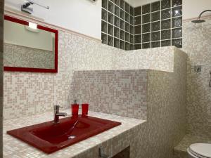 a bathroom with a red sink and a toilet at La Casa dei Sogni di Dory in Genova