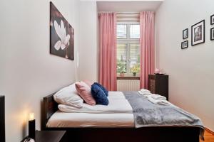 a bedroom with a bed with pillows and a window at Apartament Nowa 12 in Wrocław