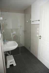 y baño con lavabo y ducha acristalada. en Apartment Seeglück am Schliersee - modern, zentral, perfekt für Familien, en Schliersee