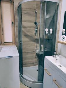 a shower in a bathroom with a glass shower stall at Domek w Borowikowym Zaciszu in Falsztyn