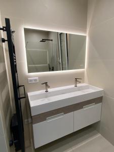 La salle de bains est pourvue d'un lavabo blanc et d'un miroir. dans l'établissement 219 Promenade, à Nice